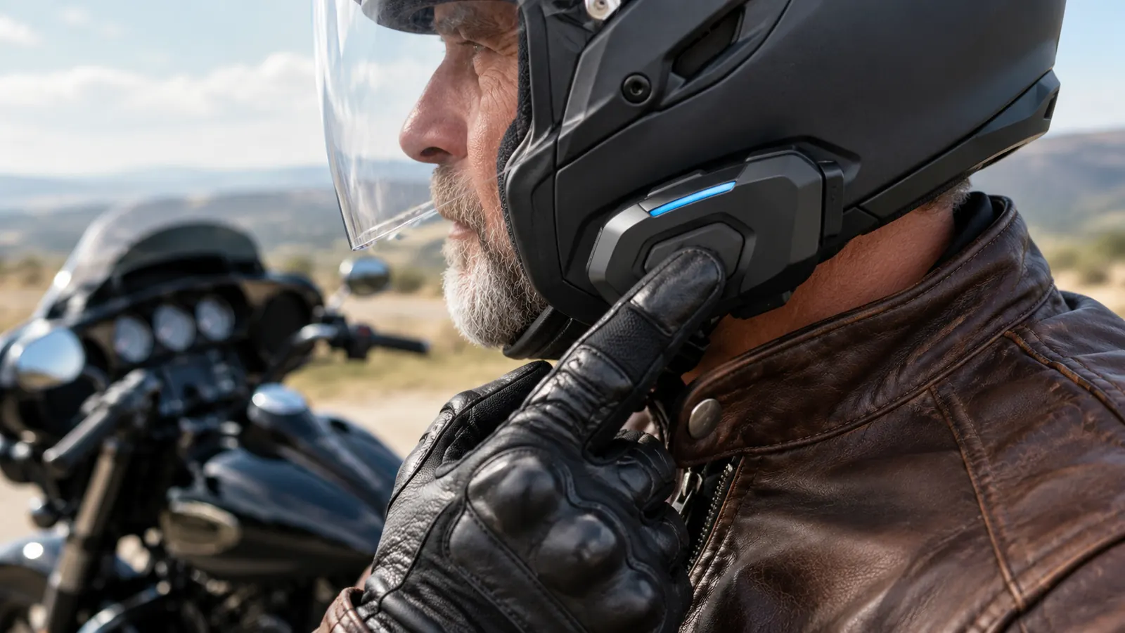 A rider's gloved hand pressing the main button on a helmet communicator mounted on the side of a helmet