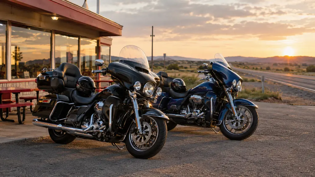Two touring motorcycles parked side by side at a small roadside diner, helmets on the seats, late afternoon light