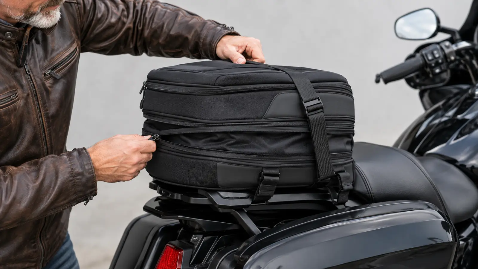 Close-up of a rider's hands unzipping the expansion on a motorcycle tail bag strapped to the bike