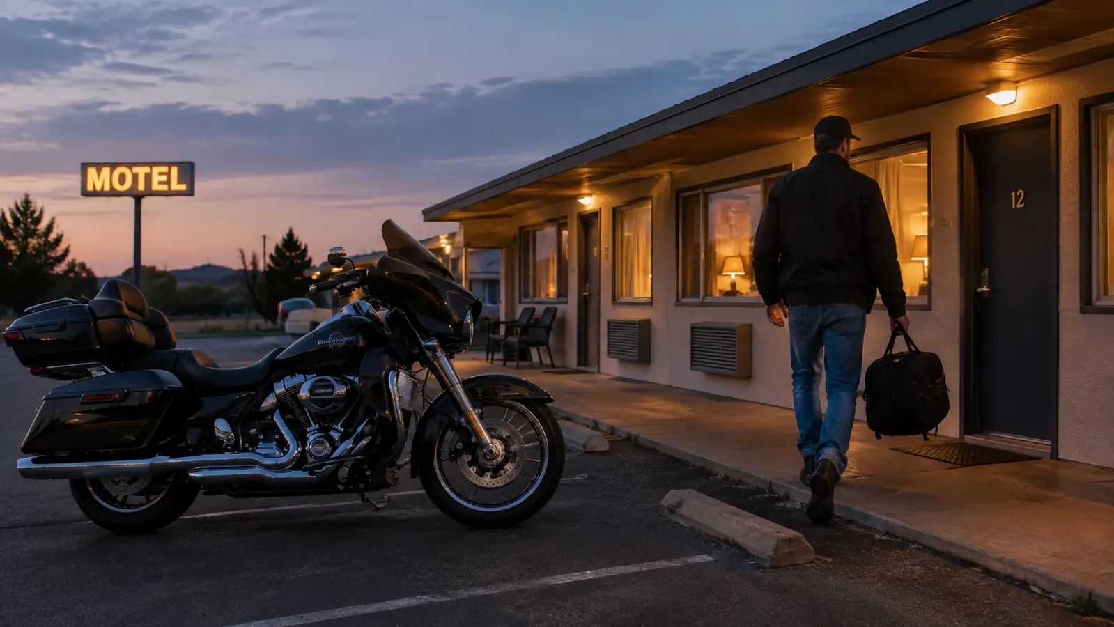 A rider carrying a tail bag into a motel at dusk, with the motorcycle parked behind