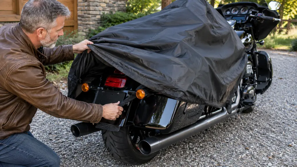 A rider's hands pulling a motorcycle cover over the rear of a touring motorcycle parked outside