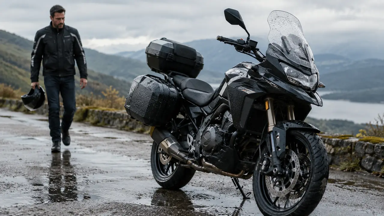 A touring motorcycle parked outside after a rainstorm, water beaded on the cover, a rider walking toward it with a helmet