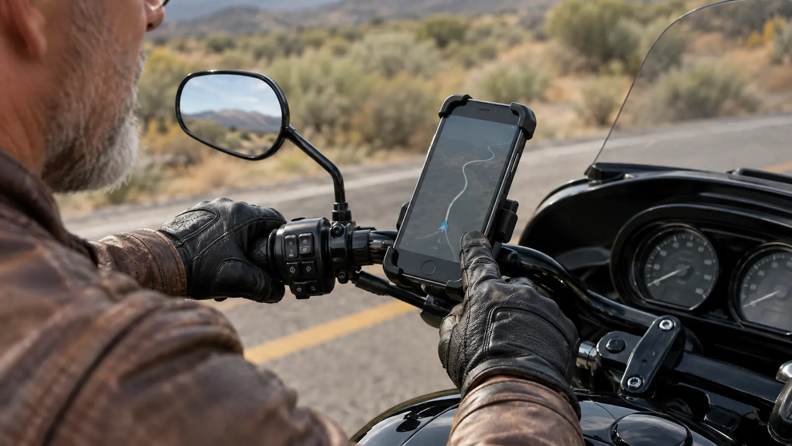 Rider's gloved hand tapping a phone mounted on the handlebar of a touring motorcycle