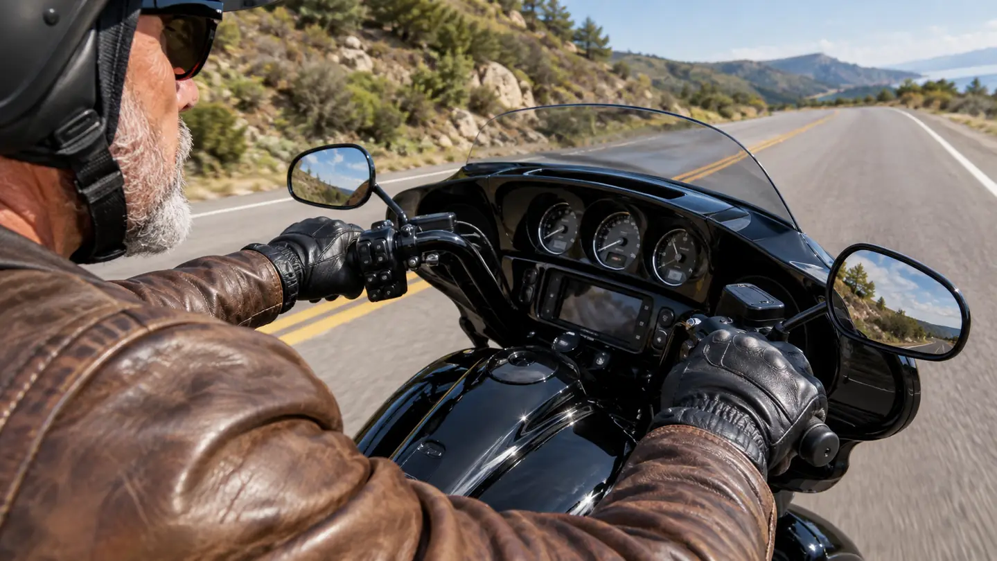 A rider's hand in a leather riding glove gripping a motorcycle handlebar