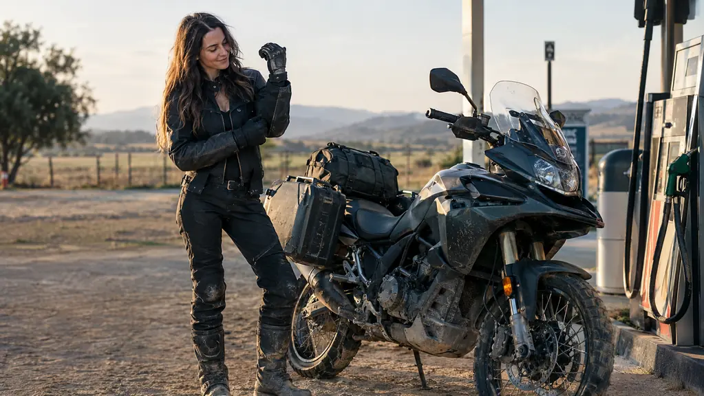 A rider flexing a gloved hand beside a touring motorcycle parked at a gas station