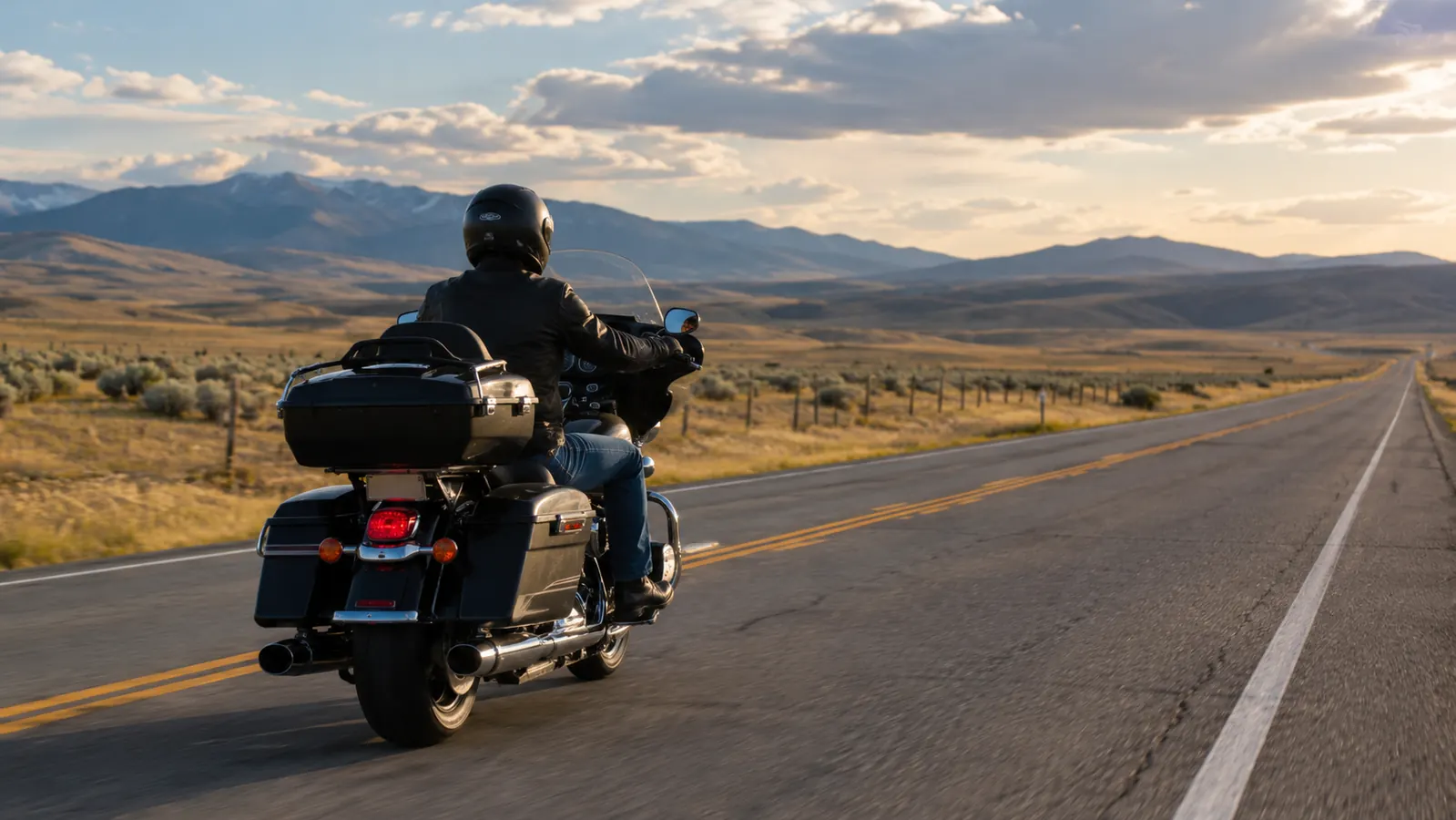 A rider on a touring motorcycle cruising down an empty highway with wide-open country on both sides