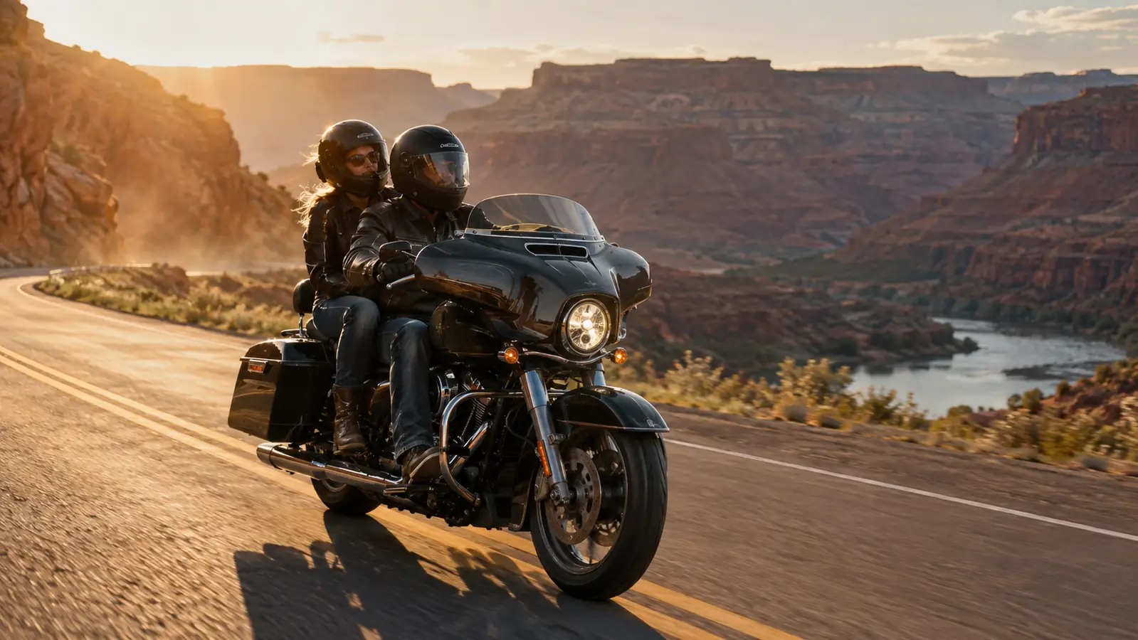 A touring motorcycle with a passenger riding a two-lane highway through canyon country in late afternoon