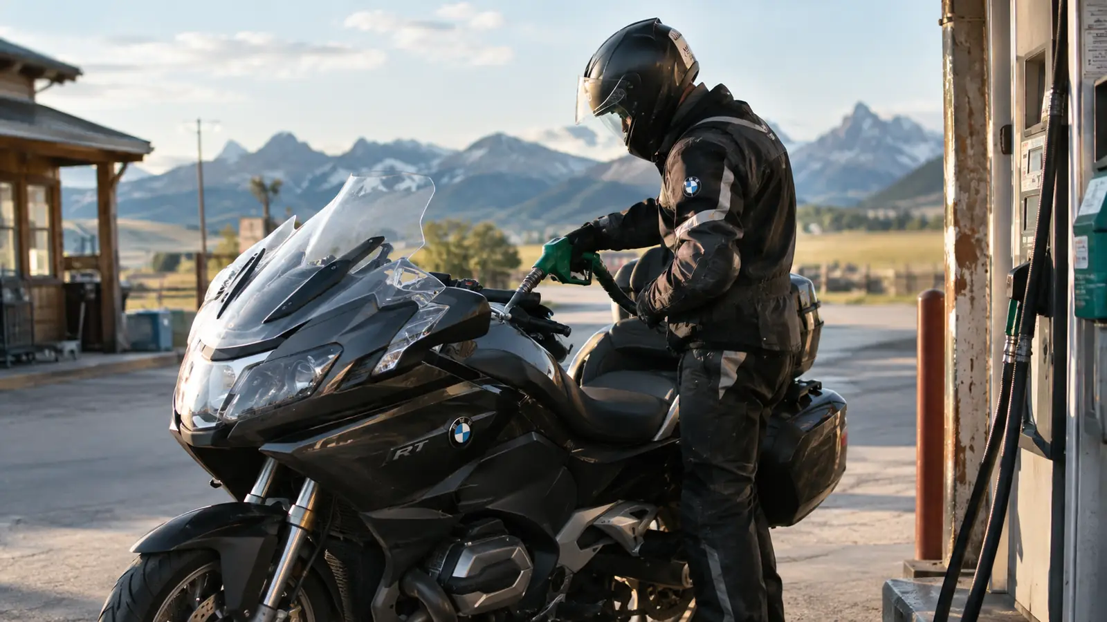 A rider filling the fuel tank of a touring motorcycle at a rural gas station
