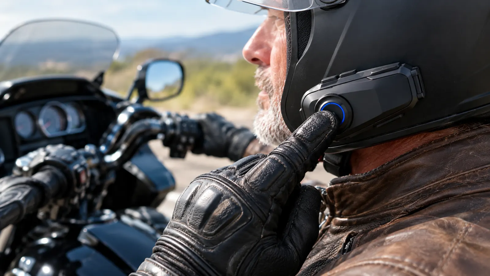 Close view of a rider's gloved hand pressing the main button on a helmet communication unit mounted on the side of a helmet