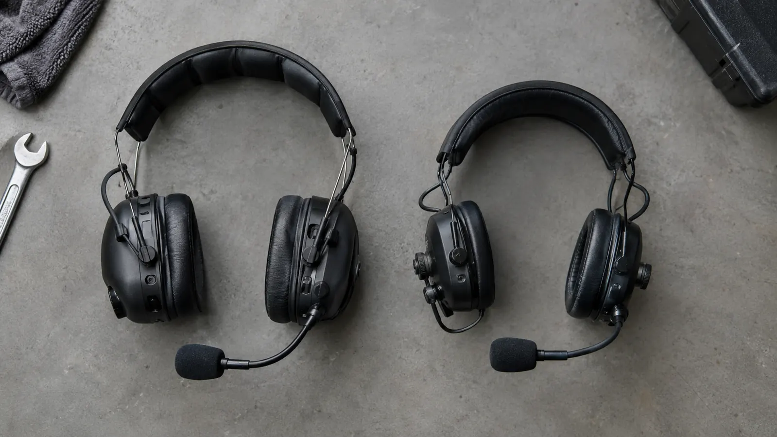 Two different helmet communication headsets laid out on a workshop bench for comparison