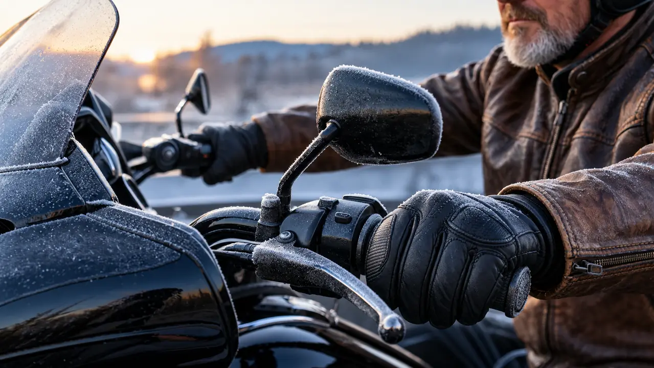 A rider's hands in leather gloves gripping the handlebars of a touring motorcycle