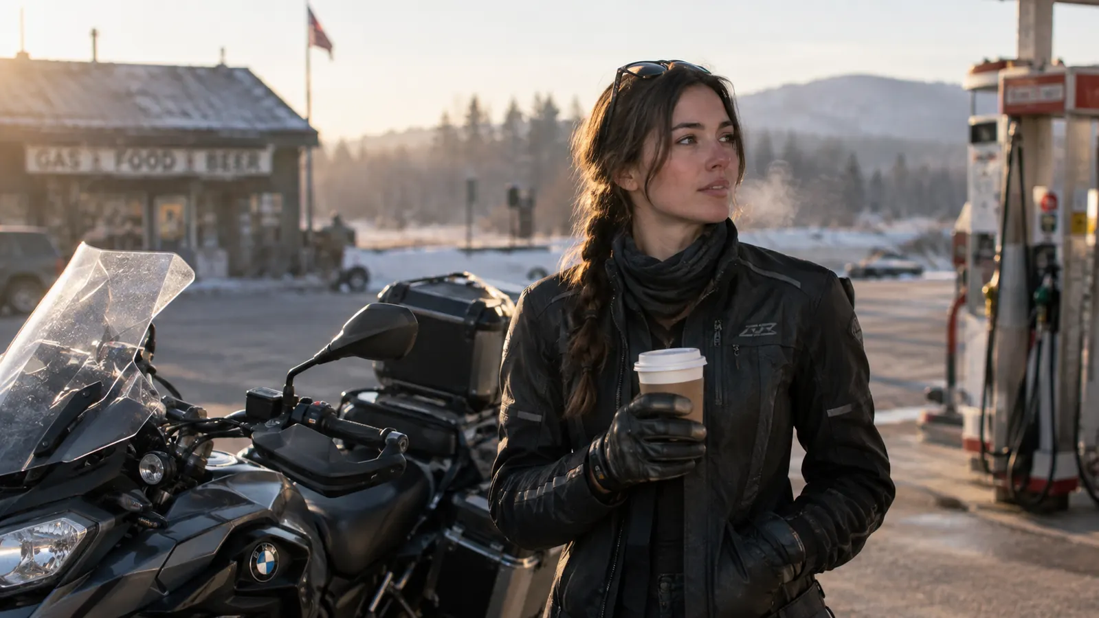 A rider in a riding jacket and gloves holding a coffee cup beside a touring motorcycle at a gas station