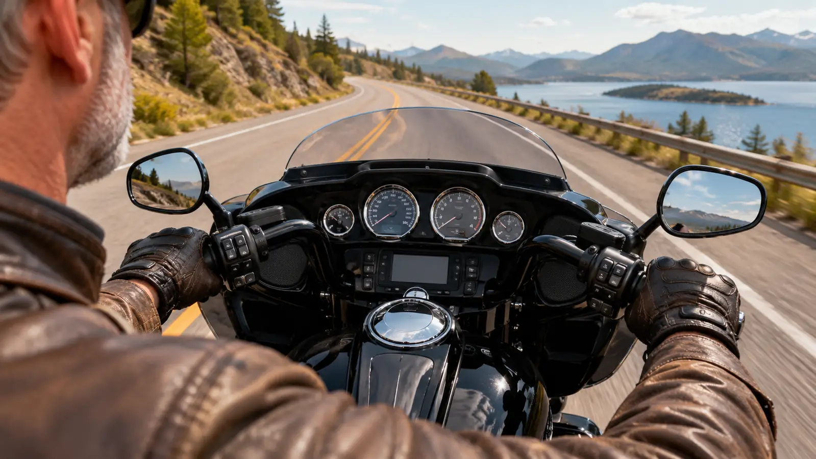 Hands in leather riding gloves gripping the handlebars of a touring motorcycle