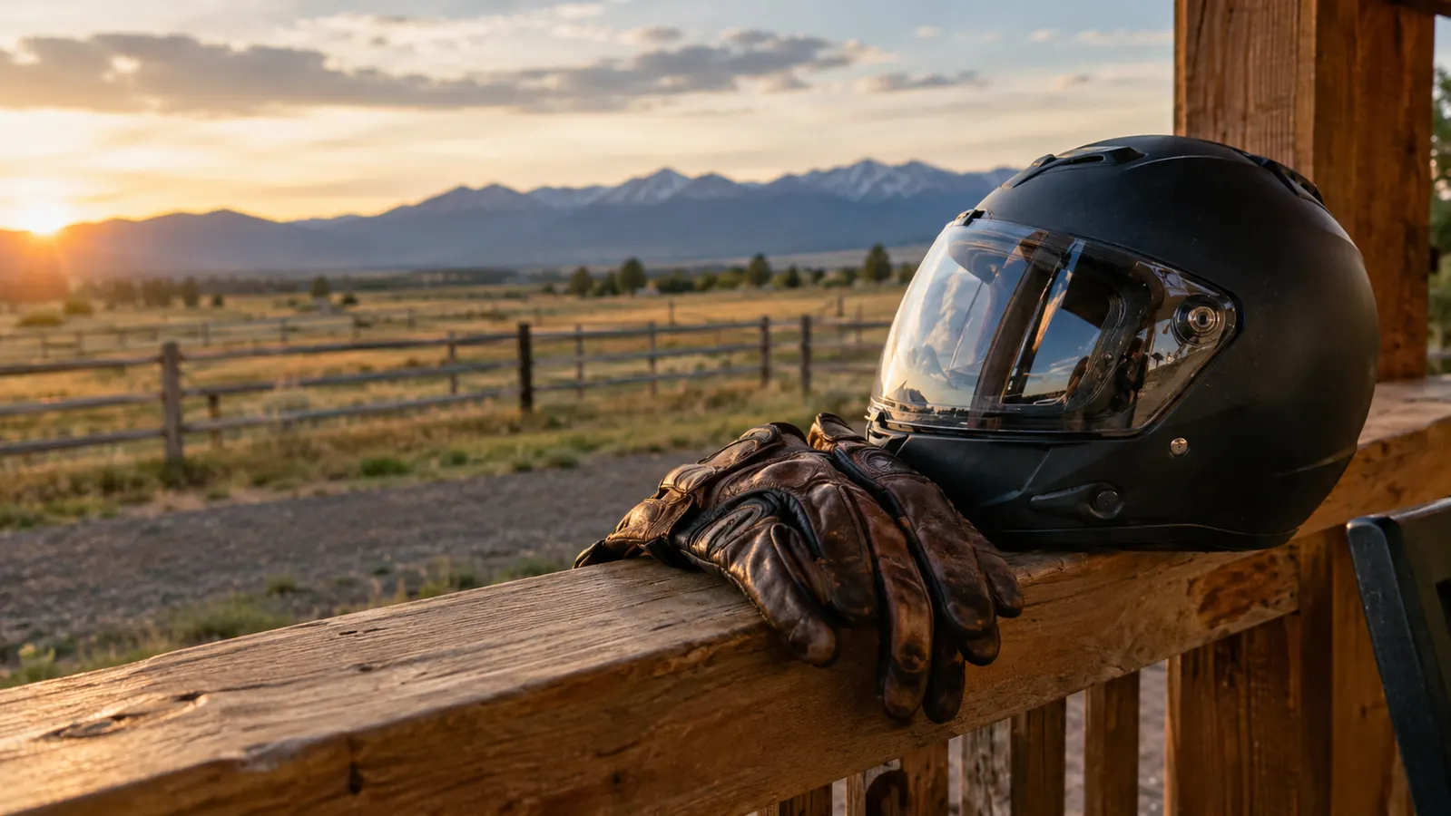 Leather riding gloves resting on a wooden railing beside a motorcycle helmet in late afternoon light