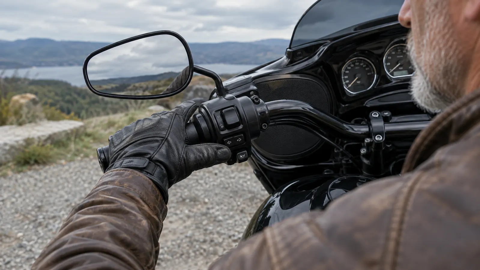 Close-up of a rider's gloved hand operating the turn signal switch on a touring motorcycle