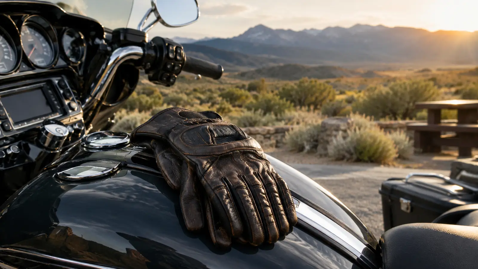 Pair of leather riding gloves resting on the fuel tank of a touring motorcycle at a desert rest stop