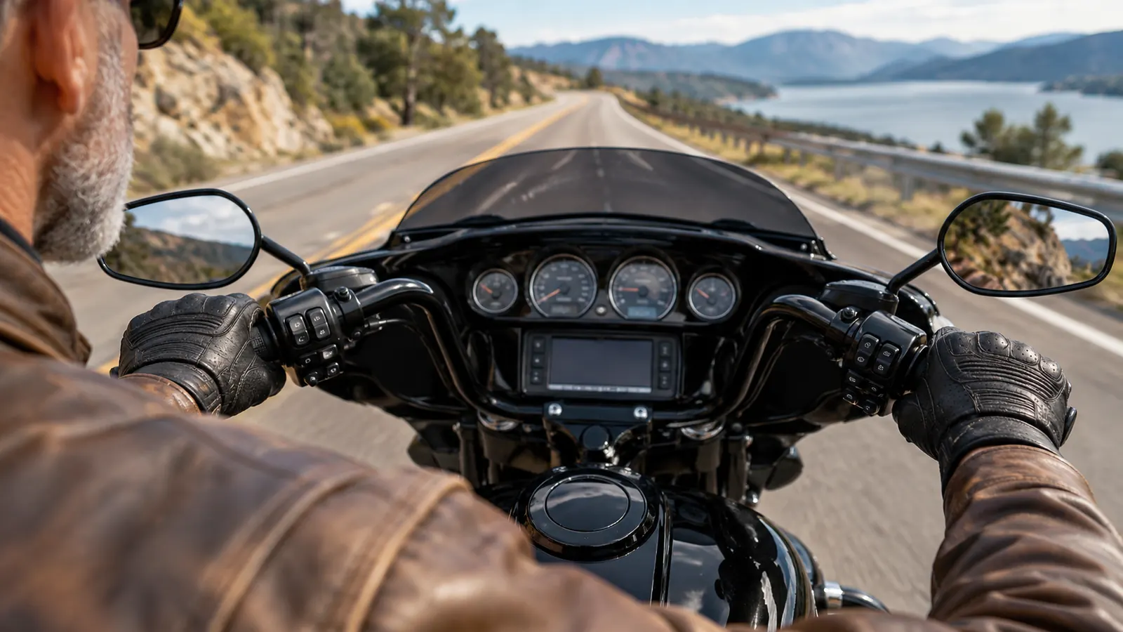 Close view of a rider's hands in leather riding gloves gripping the handlebars of a touring motorcycle, open road ahead