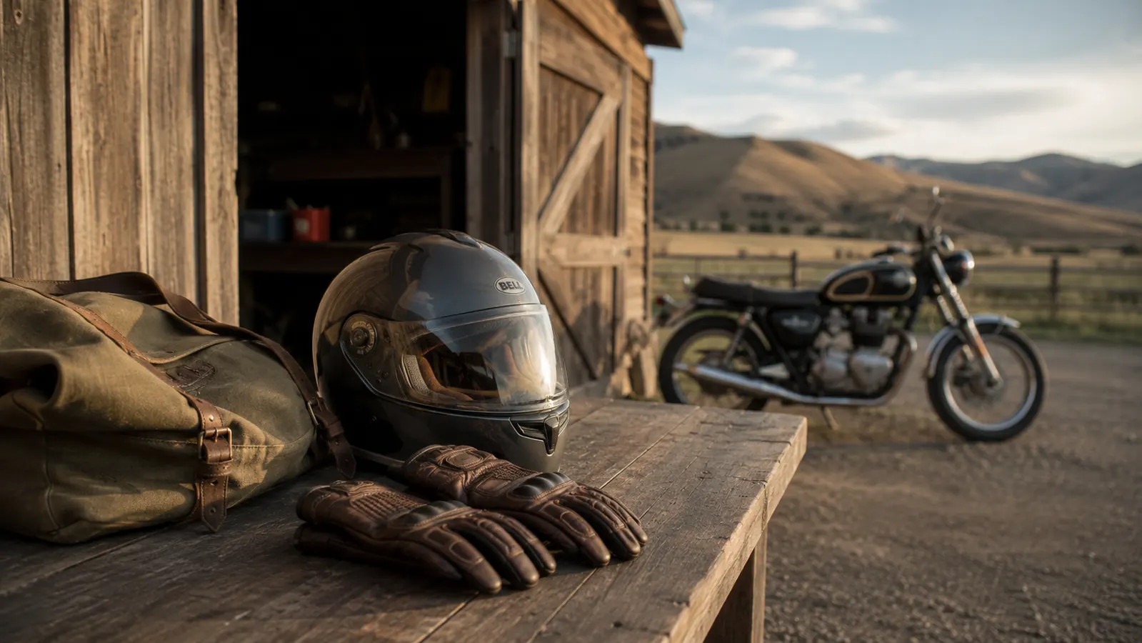Pair of leather riding gloves on a wooden workbench next to a motorcycle helmet, ranch shed in the background