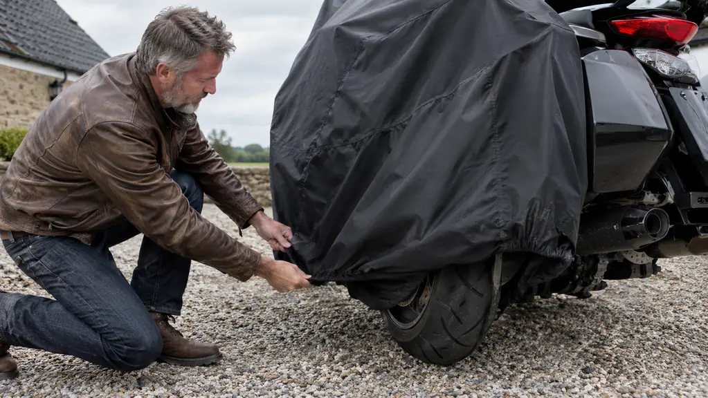 A rider kneeling beside a parked touring motorcycle, securing the elastic hem of a motorcycle cover at the rear wheel