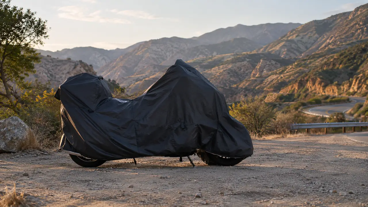 A covered touring motorcycle parked in a dirt pull-off beside a canyon road, dry hills and mountains behind, late afternoon light