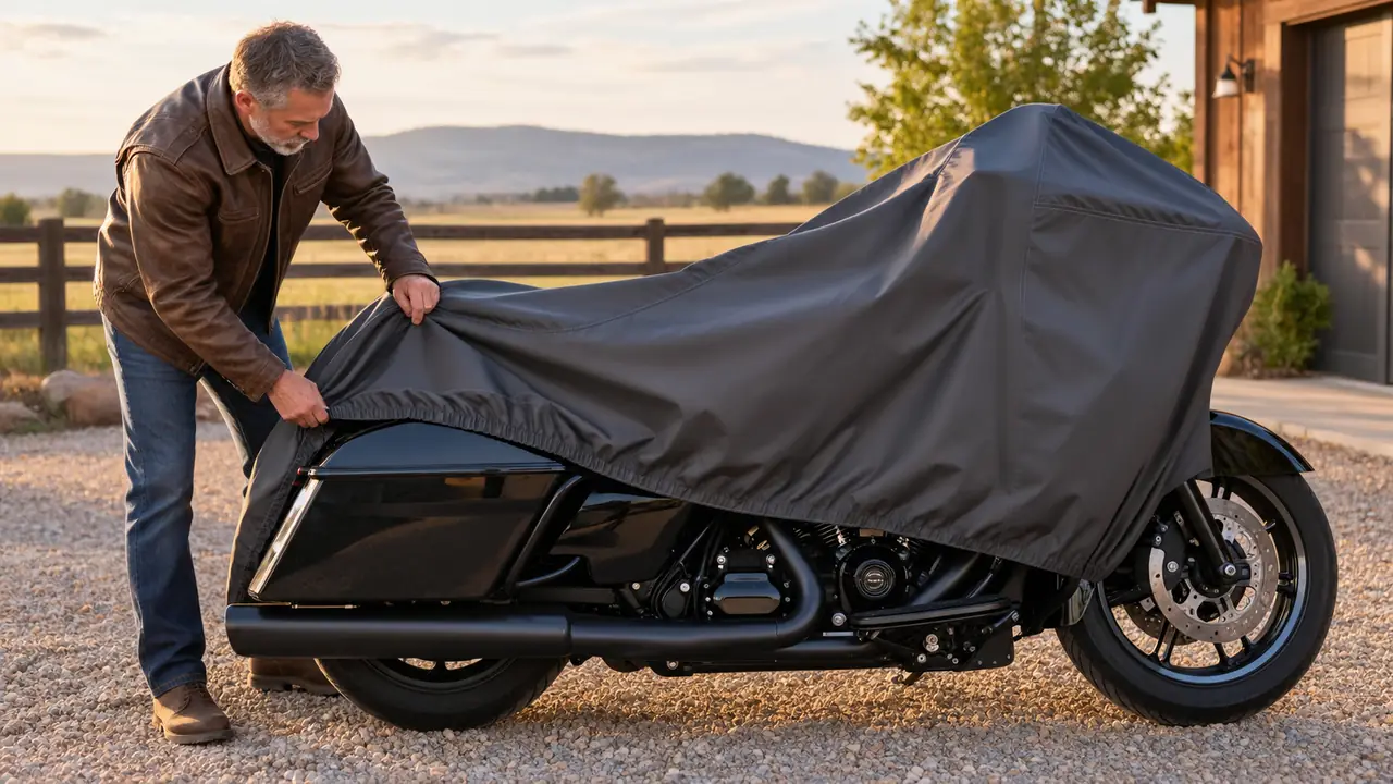 The rider pulling a motorcycle cover over a full-size touring bike in a driveway, fitting the hem around a saddlebag