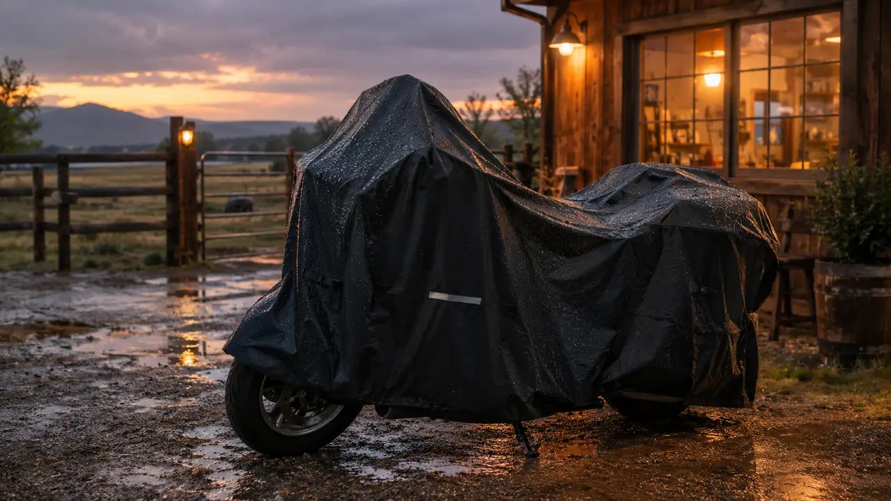 A covered touring motorcycle sitting in light rain at dusk, water beading on the cover fabric