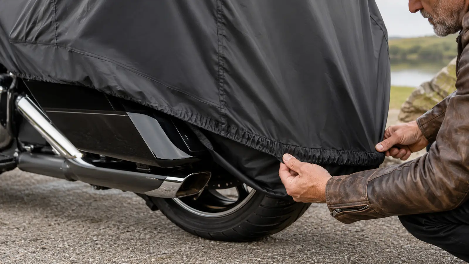 A rider's hands adjusting the elastic hem of a motorcycle cover around the rear wheel of a touring bike