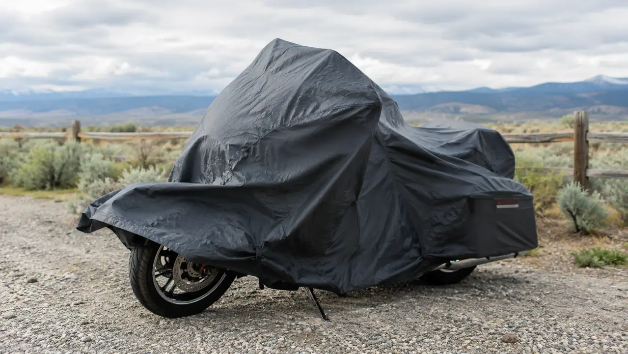 A motorcycle cover on a bike in a windswept yard, with the edge of the cover lifting slightly in the wind