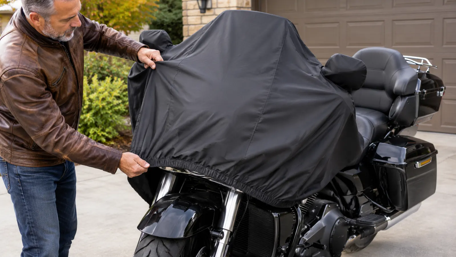 A rider's hand pulling a motorcycle cover over the front end of a touring motorcycle