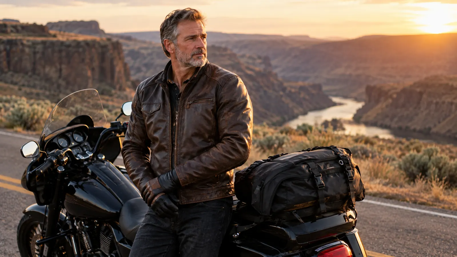 A rider in a leather jacket and gloves standing beside a loaded touring motorcycle on a two-lane canyon road at golden hour