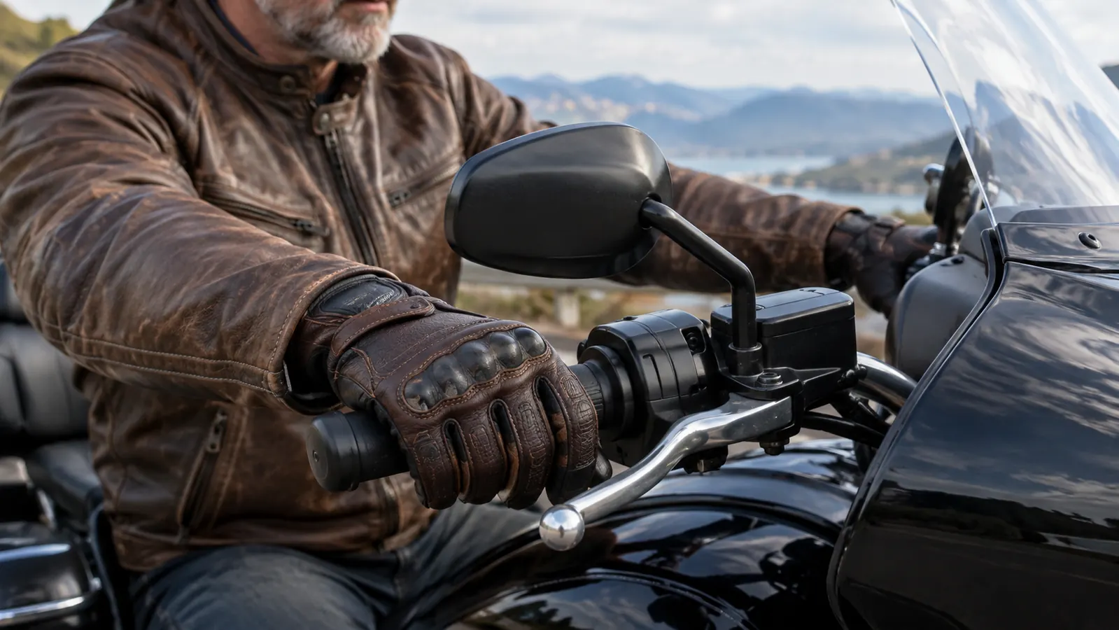A rider's hands in leather motorcycle gloves resting on the throttle grip and brake lever of a touring motorcycle