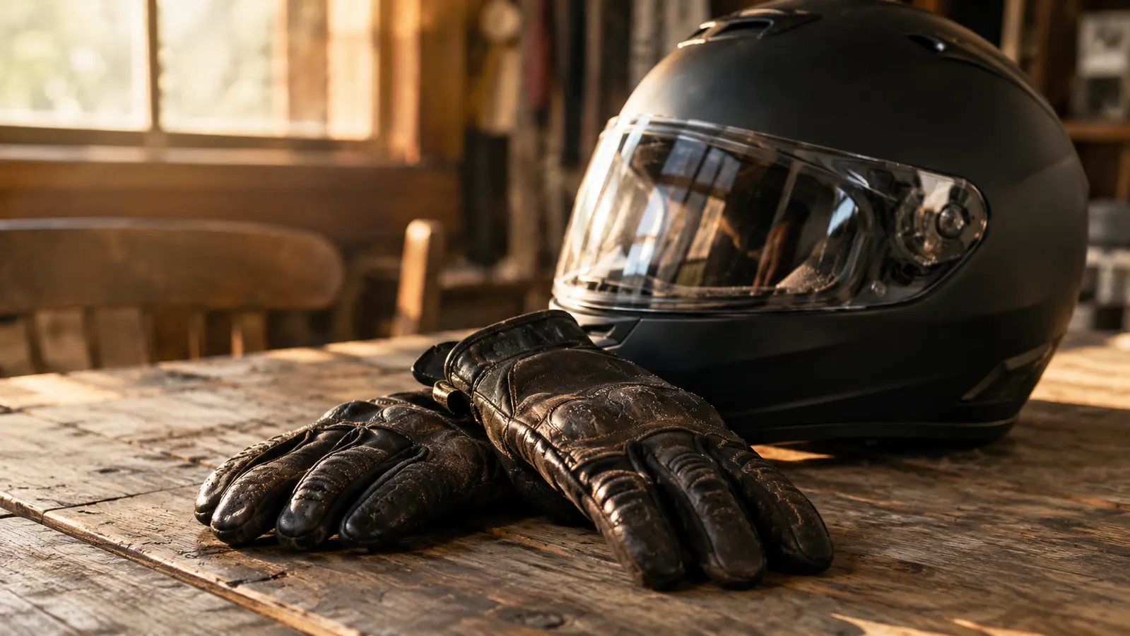 A pair of leather motorcycle gloves resting on a wooden table beside a full-face helmet