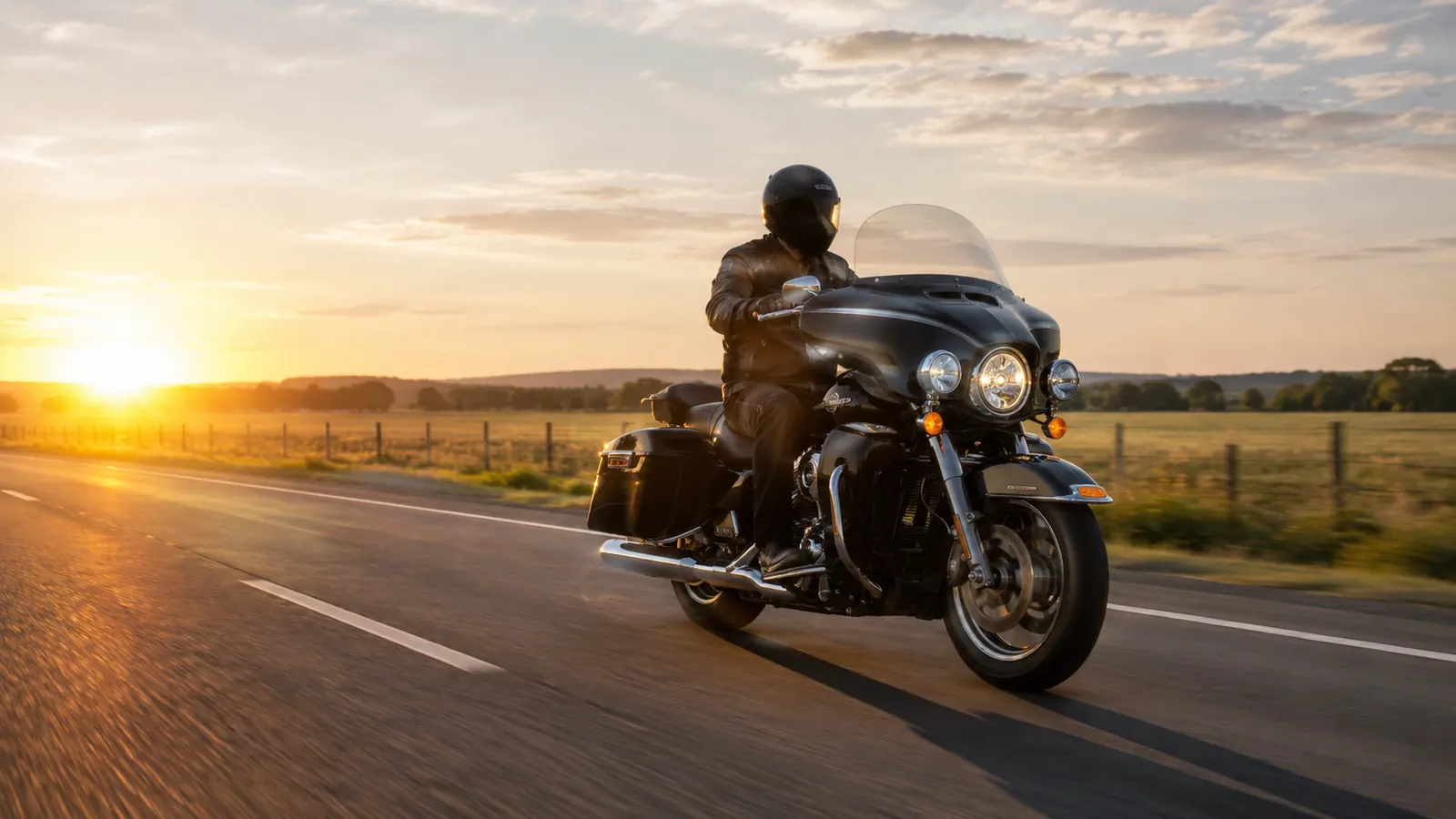 A rider on a touring motorcycle riding down an open highway at sunset
