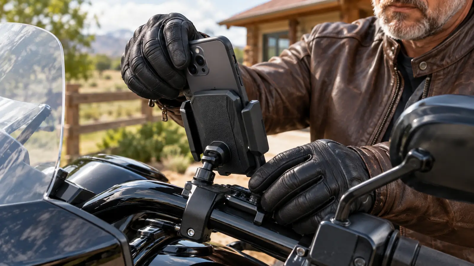 Close-up of a gloved hand pressing a smartphone into a cradle mount clamped to a motorcycle handlebar