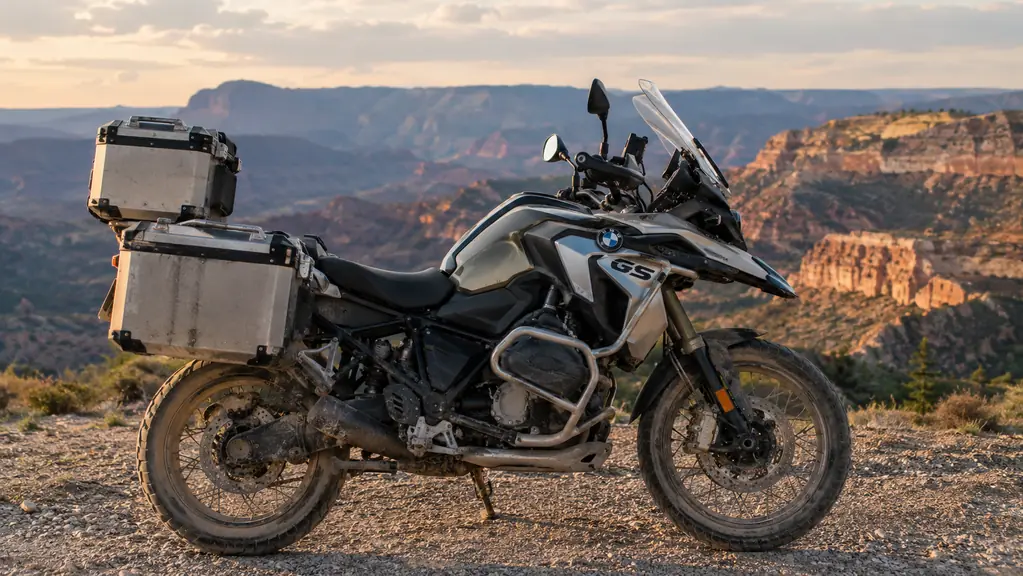 A touring motorcycle parked on a gravel overlook with a mountain canyon behind it, handlebar mount visible in profile