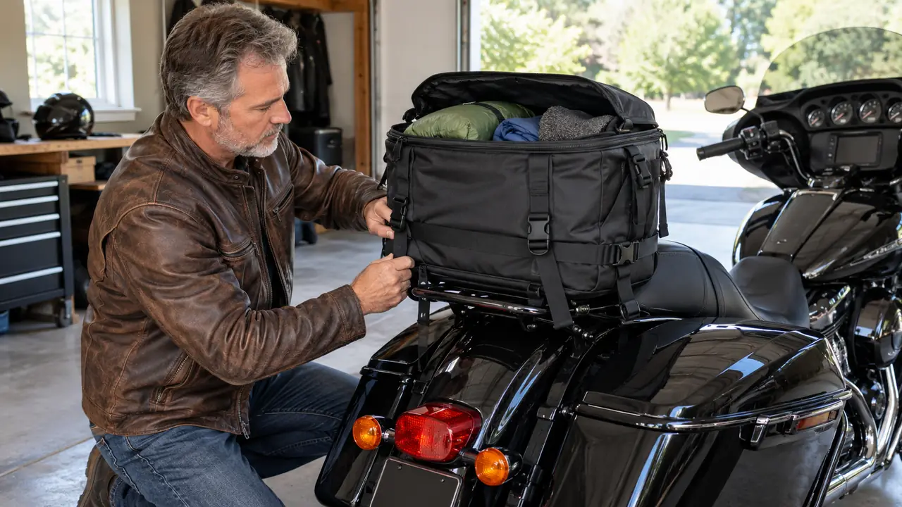A rider kneeling beside a touring motorcycle in a garage, tightening the straps on a tail bag mounted behind the seat