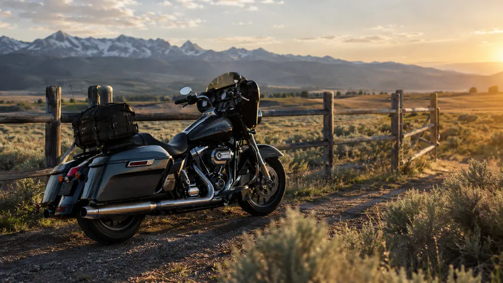 A touring motorcycle parked beside a ranch fence in late afternoon light, a tail bag strapped behind the seat