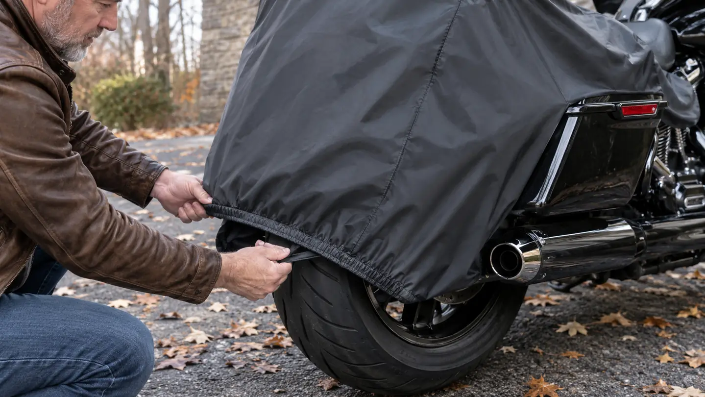 A rider's gloved hand tucking the elastic hem of a motorcycle cover around the rear wheel of a touring motorcycle