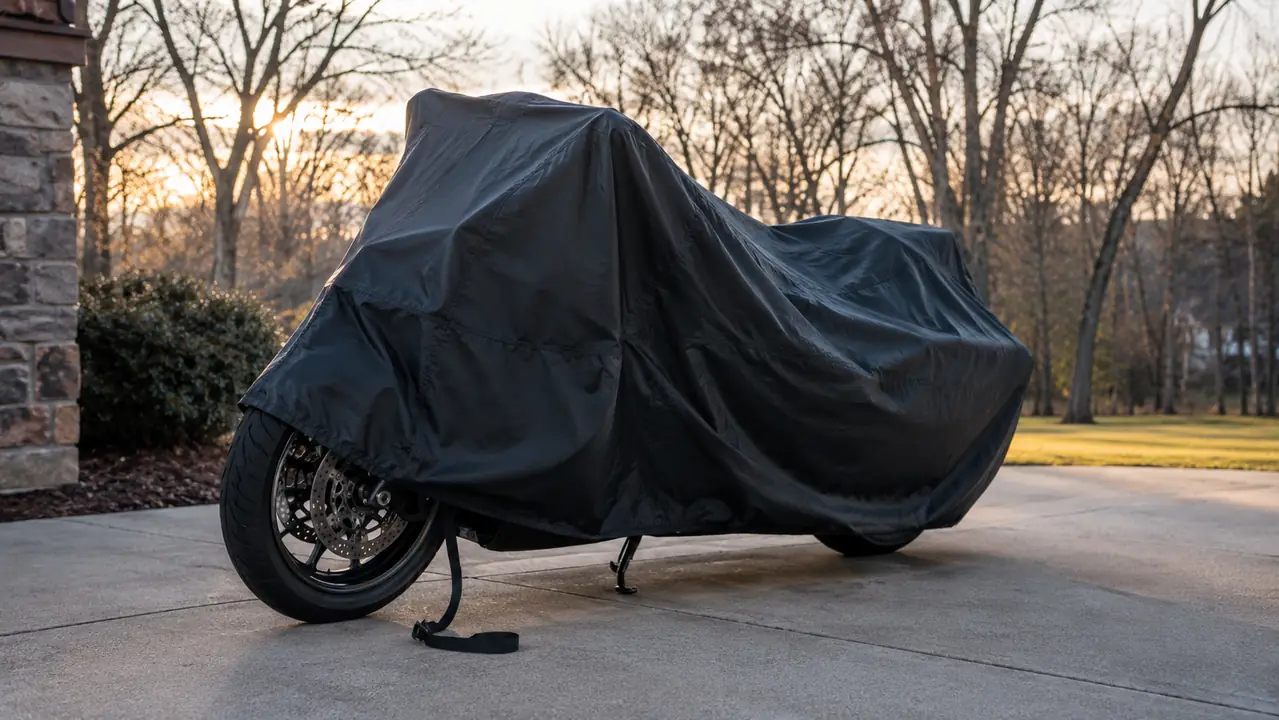 A motorcycle cover draped over a touring motorcycle with a strap hanging loose near the front wheel, driveway setting