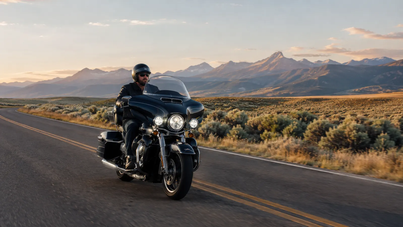 Touring motorcycle on a two-lane road through sagebrush country with the rider in the saddle
