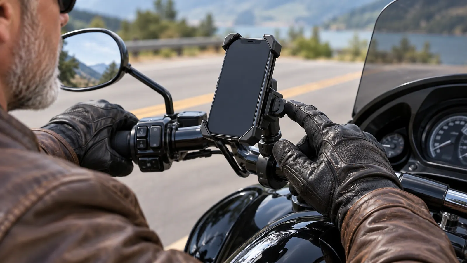 A rider's gloved hand reaching for the release button on a handlebar phone mount