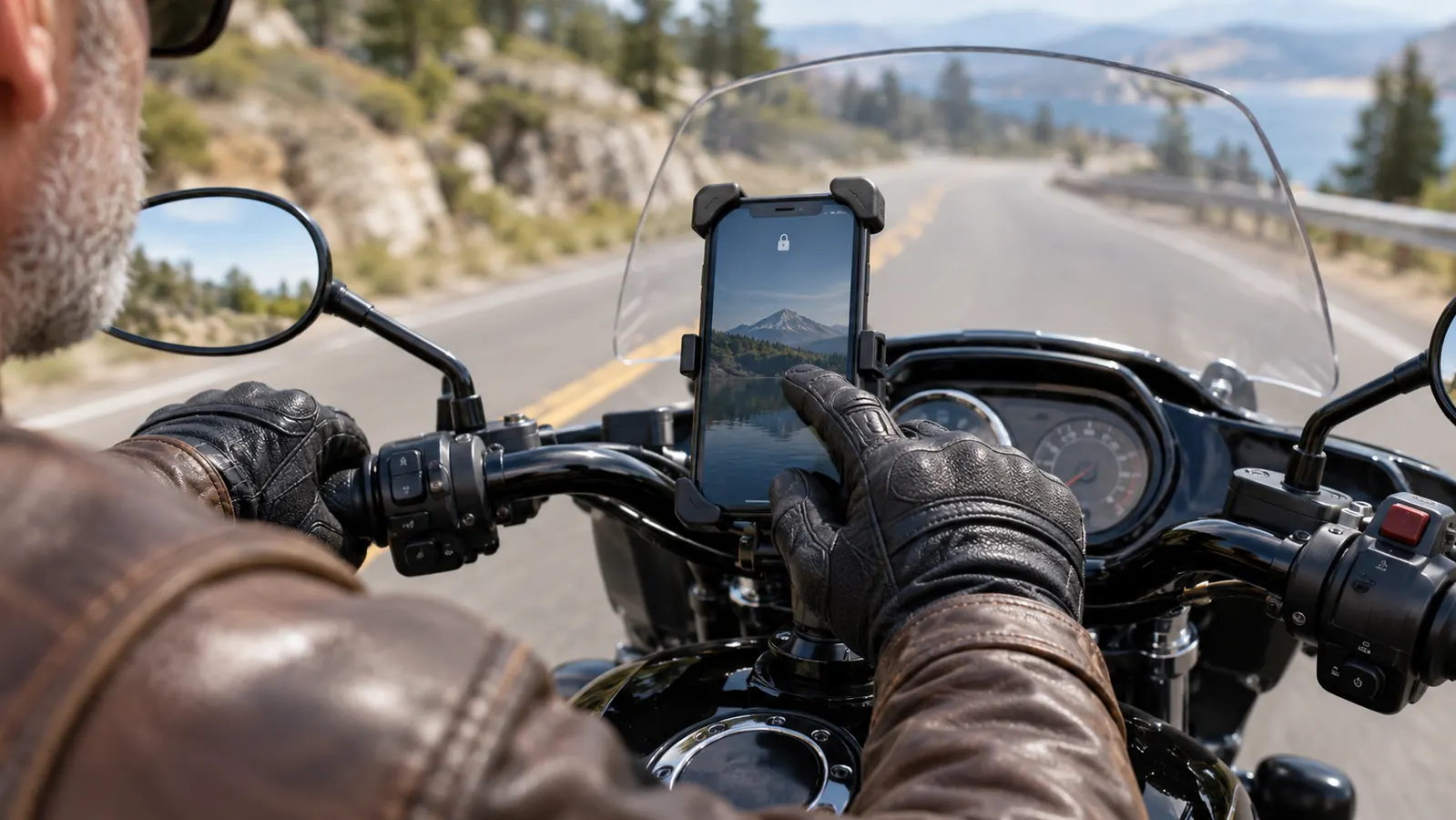 A smartphone held in a handlebar mount on a touring motorcycle, seen from behind the handlebar