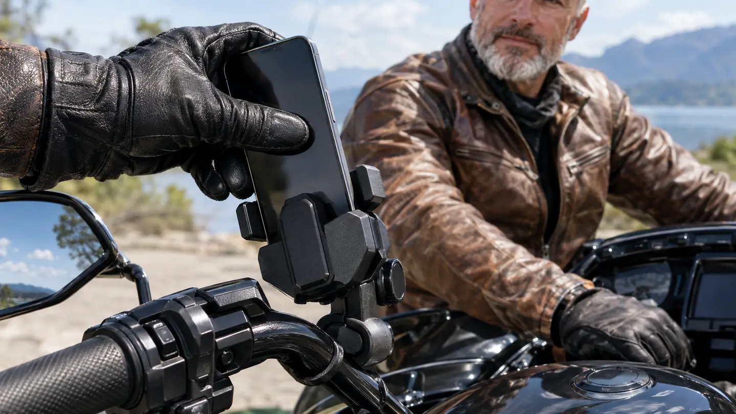 A gloved hand pressing a smartphone into a handlebar phone mount on a touring motorcycle