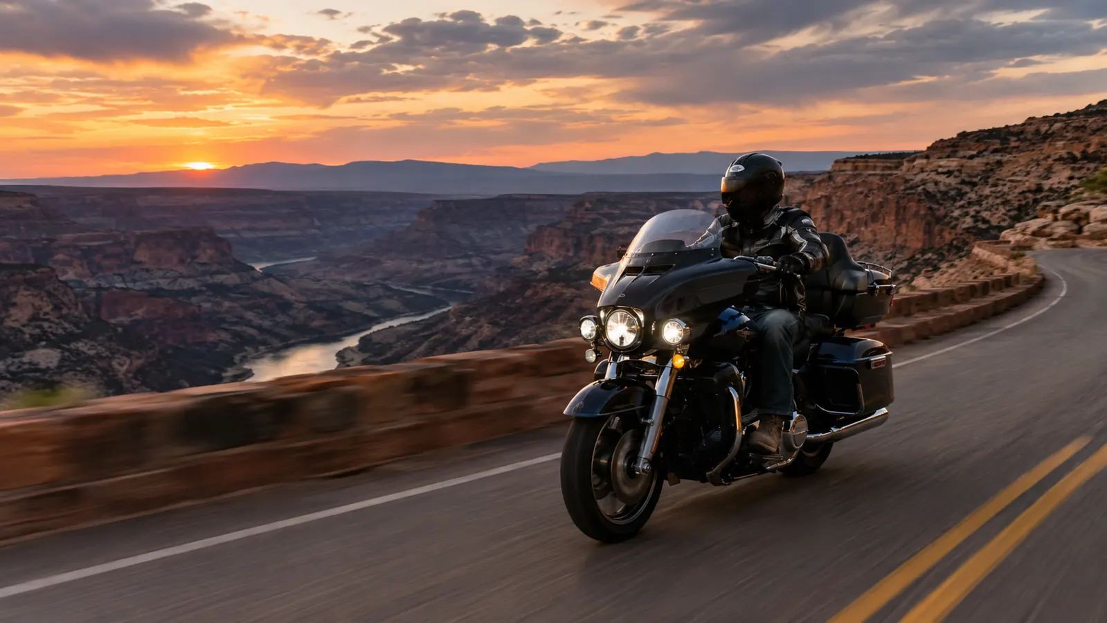 A touring motorcycle riding a canyon road at dusk with mountains in the distance