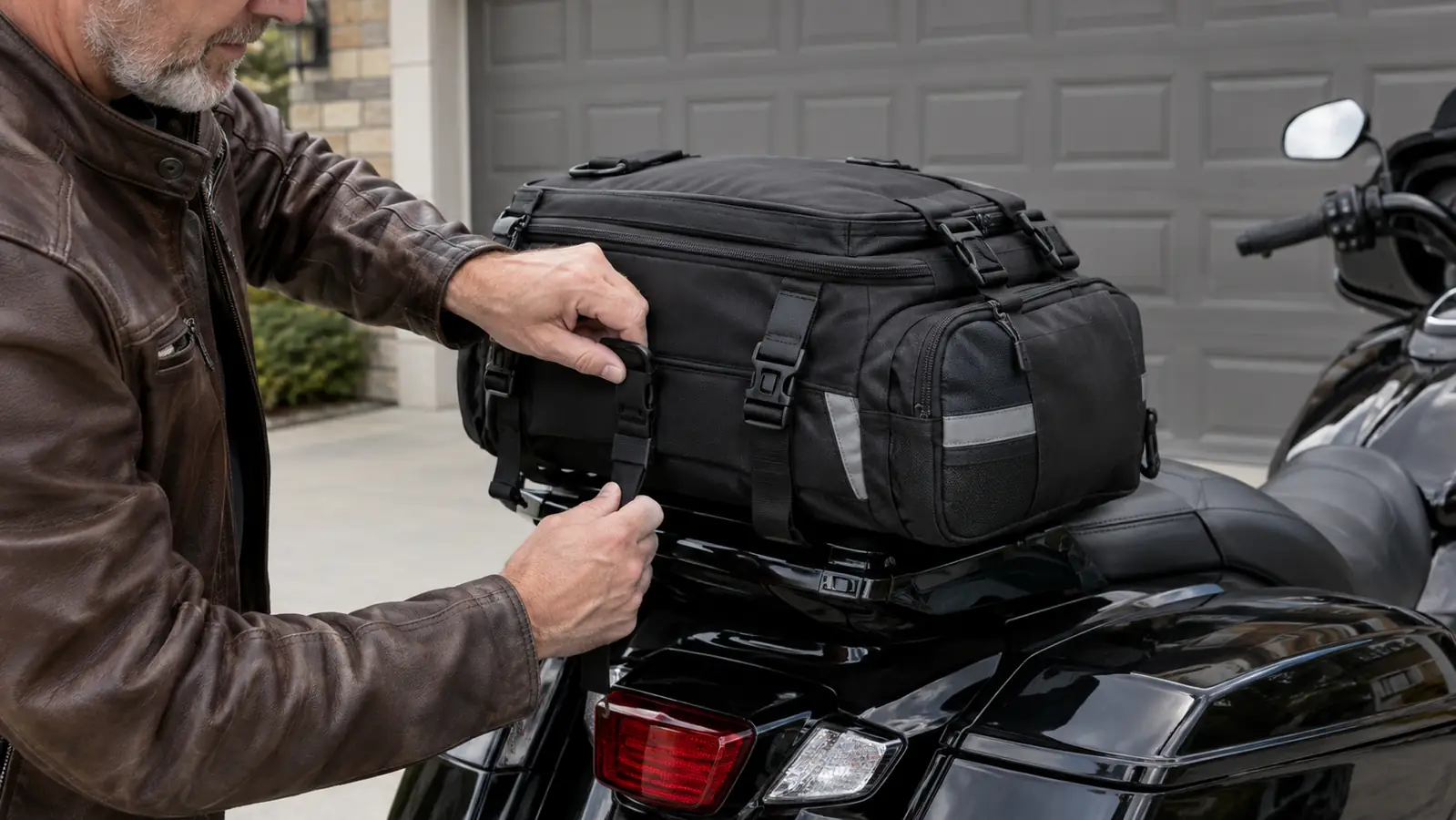 Rider's hands tightening a strap on a tail bag mounted behind the seat of a touring motorcycle