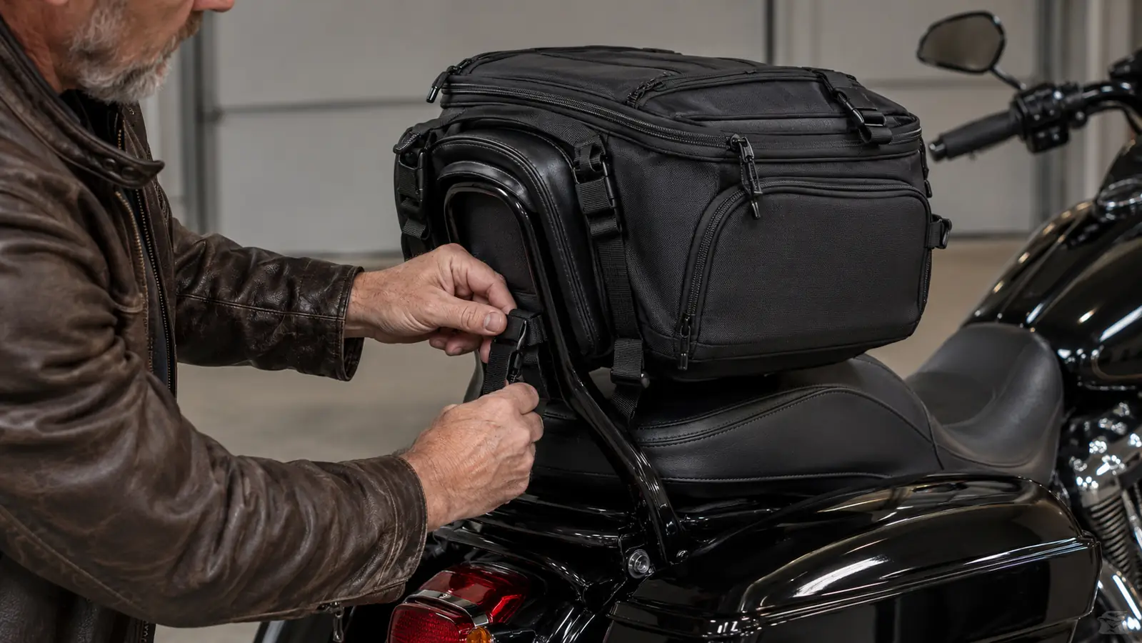 Close view of a rider's hands cinching a strap on a tail bag mounted to the sissy bar of a touring motorcycle.