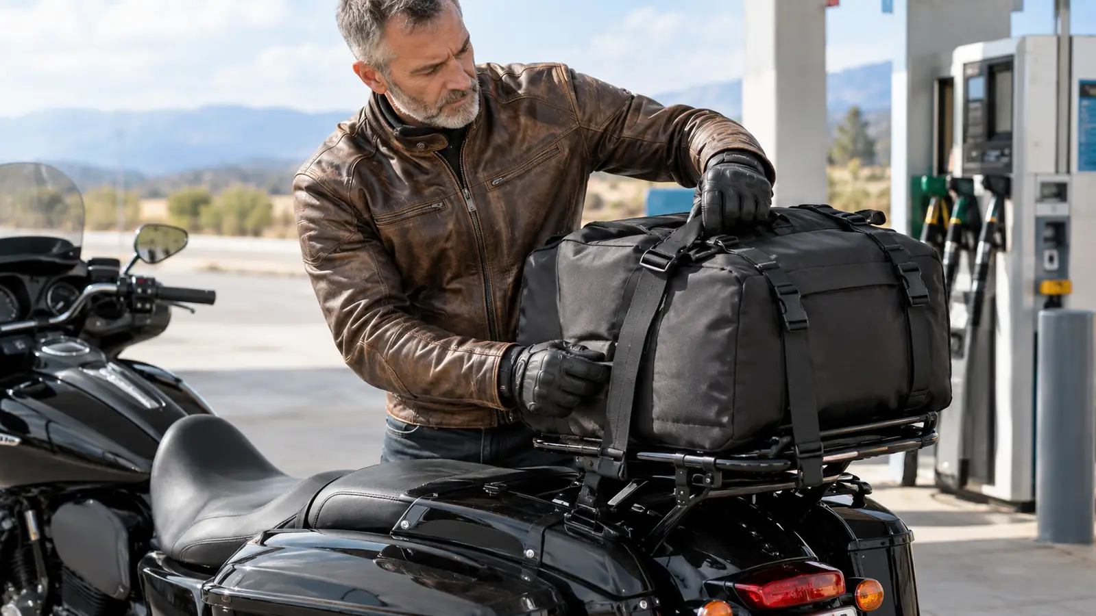 A rider in a motorcycle jacket and gloves reaching back to adjust a strap on a tail bag mounted to the rear of a touring motorcycle at a fuel stop