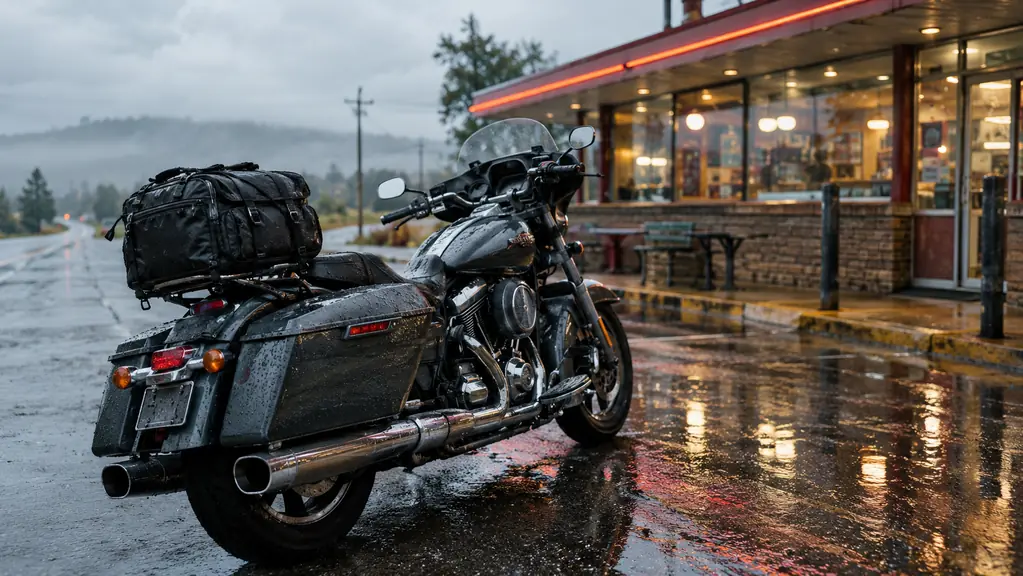 A touring motorcycle parked outside a roadside diner in steady rain, a large tail bag on the rear rack with water beading on its surface