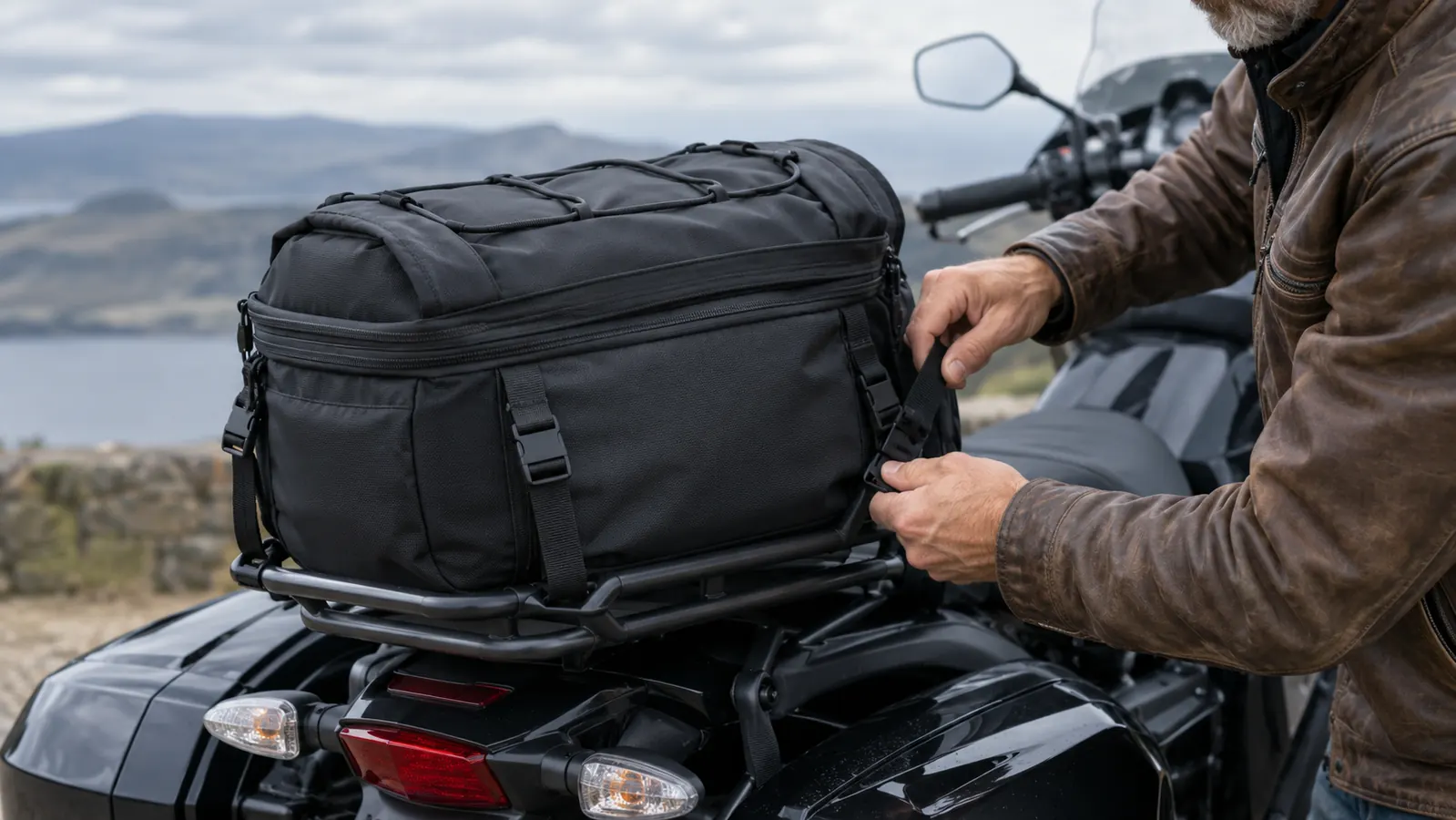 A rider's hands cinching nylon straps around the mounting points of an expandable tail bag on a touring motorcycle rear rack