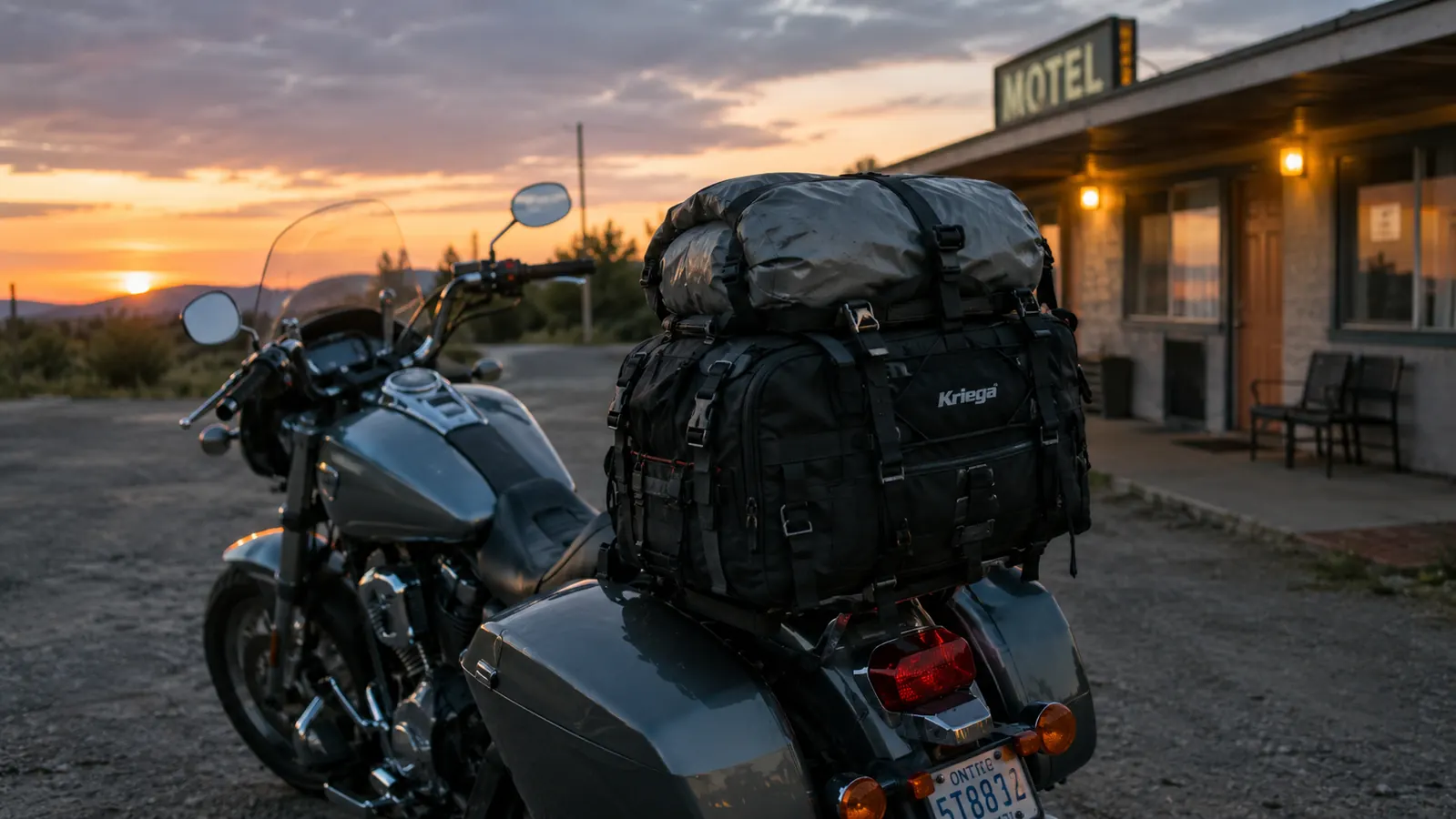 The expandable tail bag mounted on a touring motorcycle packed for a multi-day trip with a dry bag on top